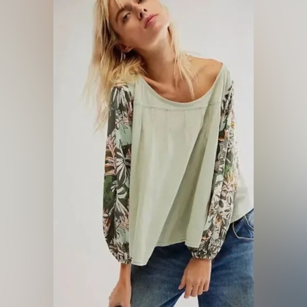 Free People Sage Green Floral Sleeve Blouse